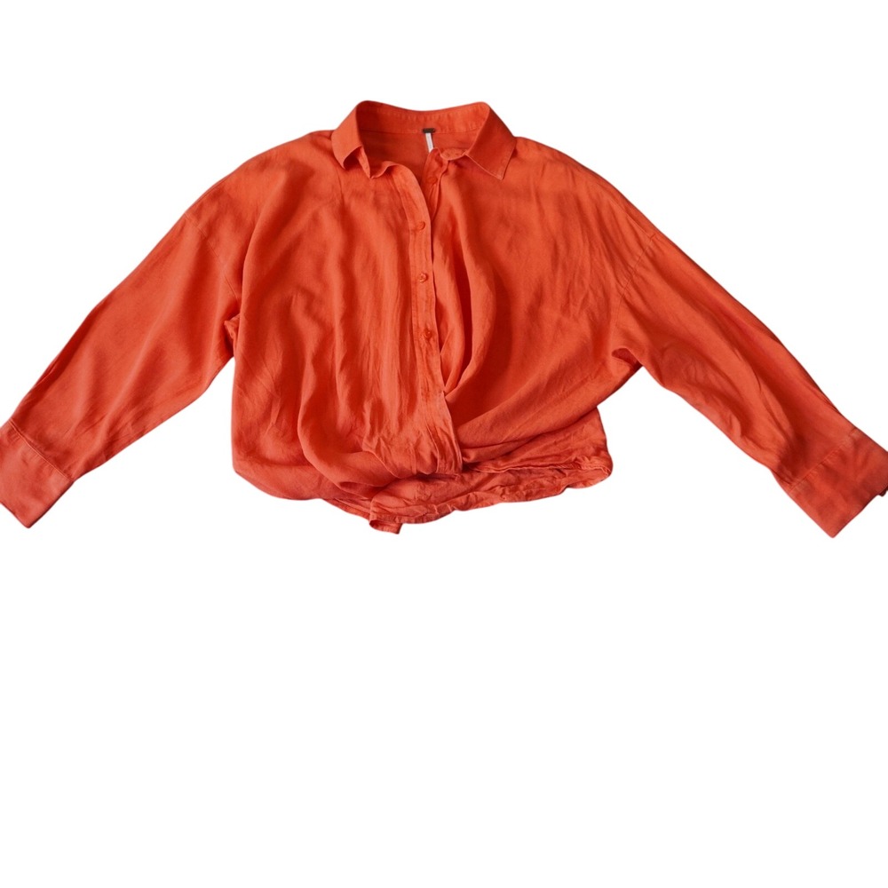YFB Clothing Women's Orange Long Sleeve Button Down‎ Tie Front Shirt